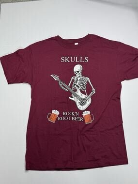 Skulls Rock’n Root Beer Men’s Large Burgundy Skeleton Guitar Graphic T-Shirt